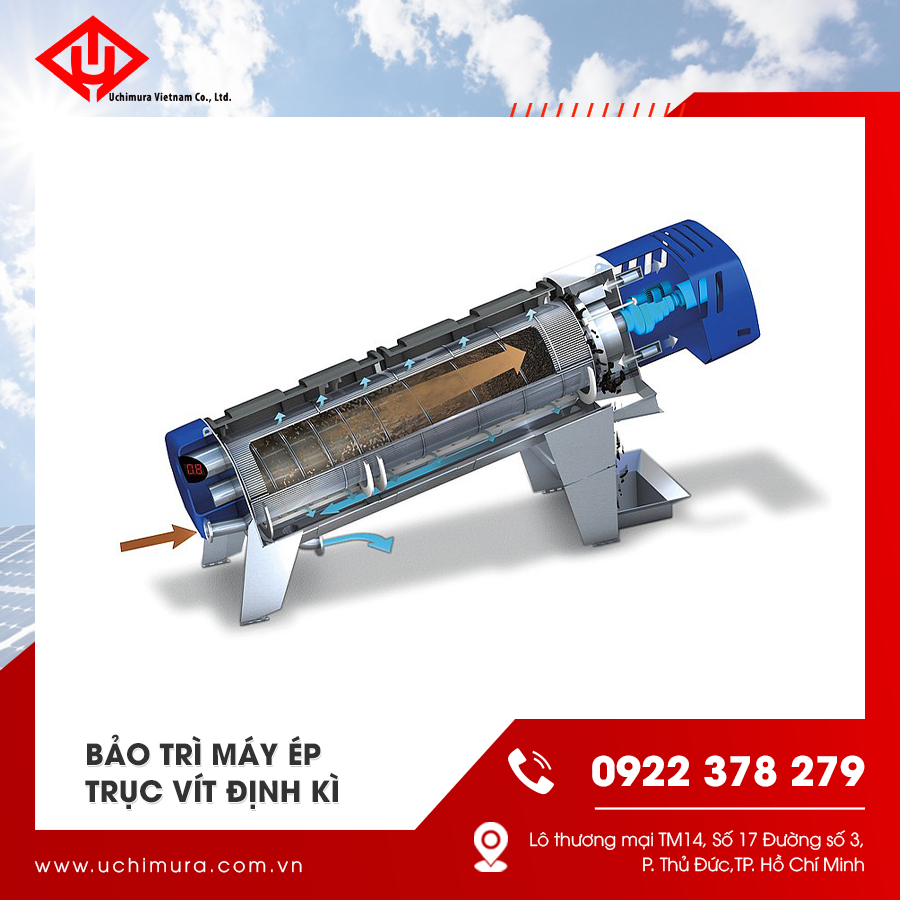 Bảo trì máy ép trục vít định kỳ gồm kiểm tra trục, bạc đạn, vòng đệm và vệ sinh hệ thống